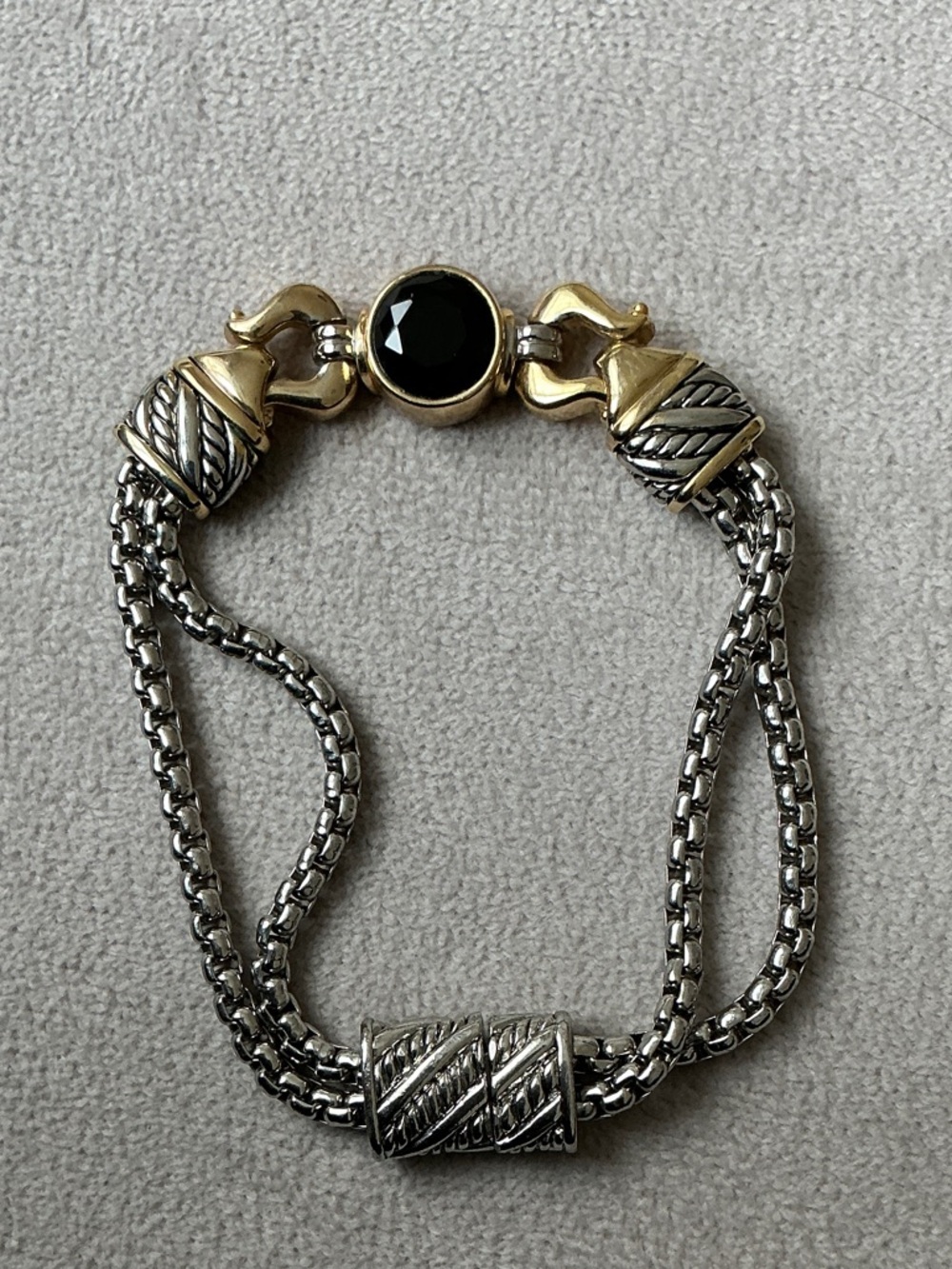 Silver and Gold Tone Black Stone Double-Chain Bracelet